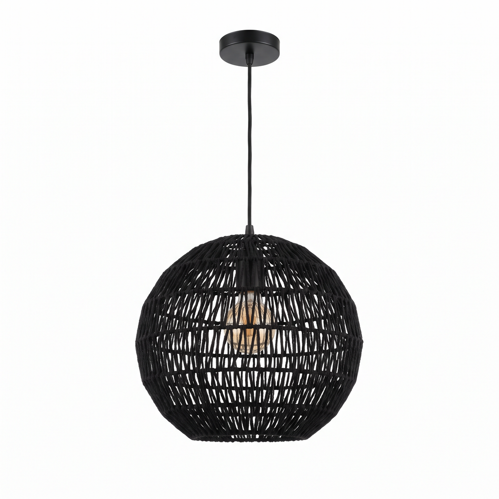 Woven Ball Pendant Light in Black on white background