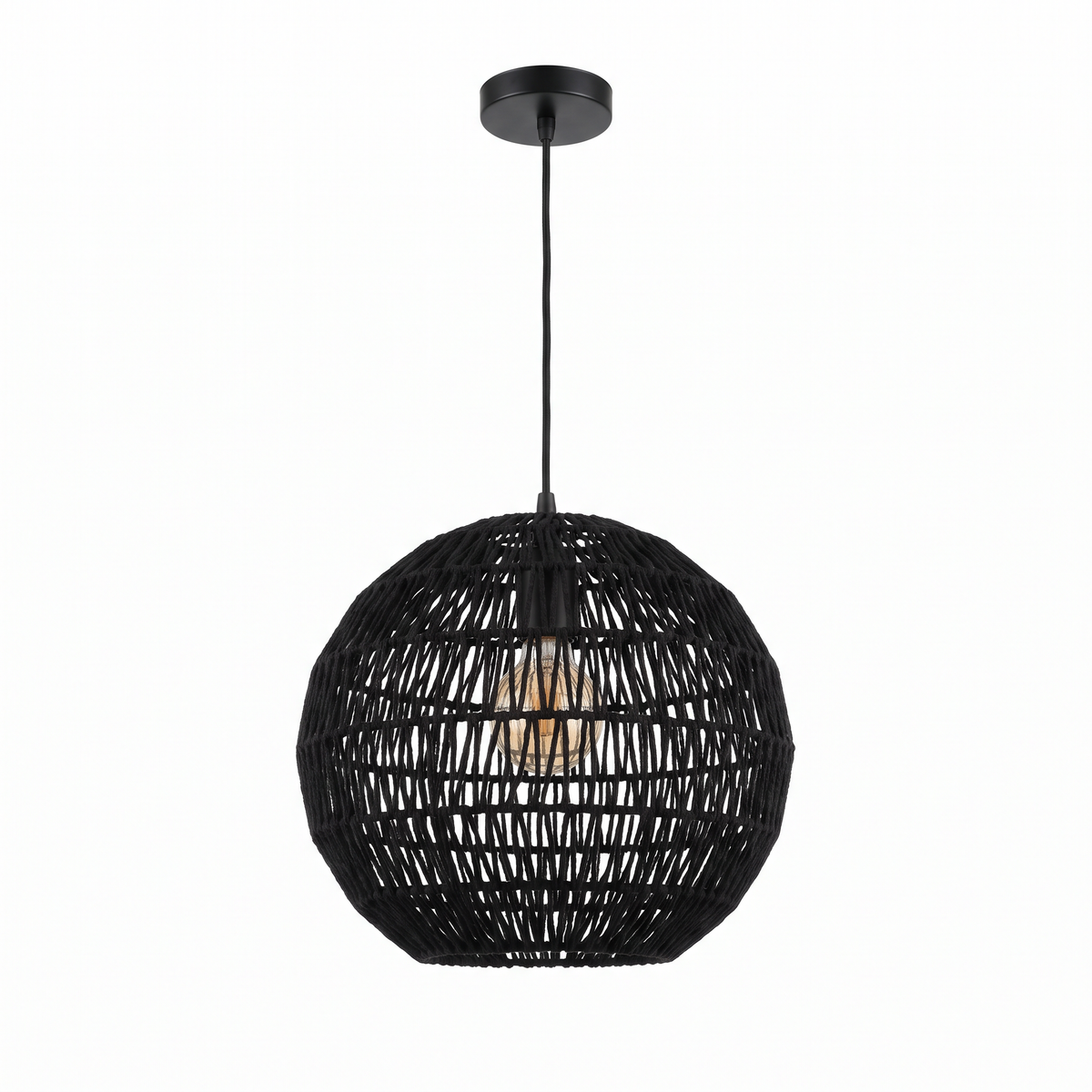 Woven Ball Pendant Light in Black on white background