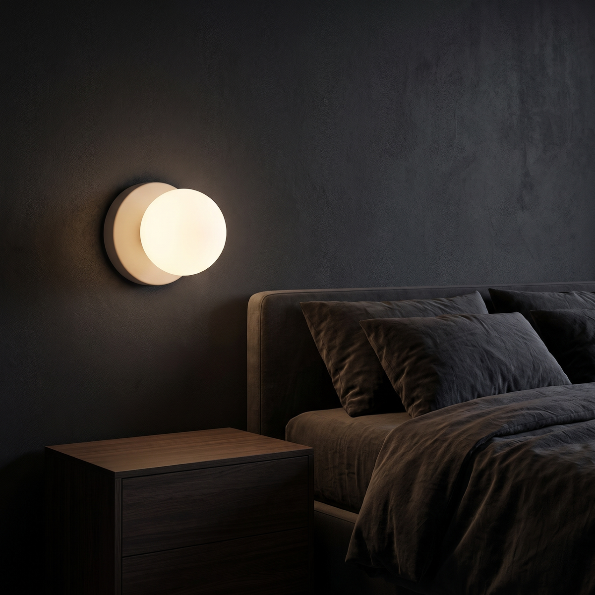 Macaron Globe Wall Sconce in a dark modern bedroom