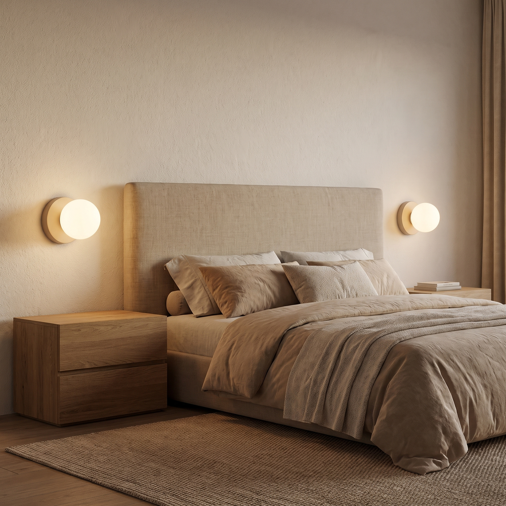 Macaron Globe Wall Sconce in a bedroom, showing size