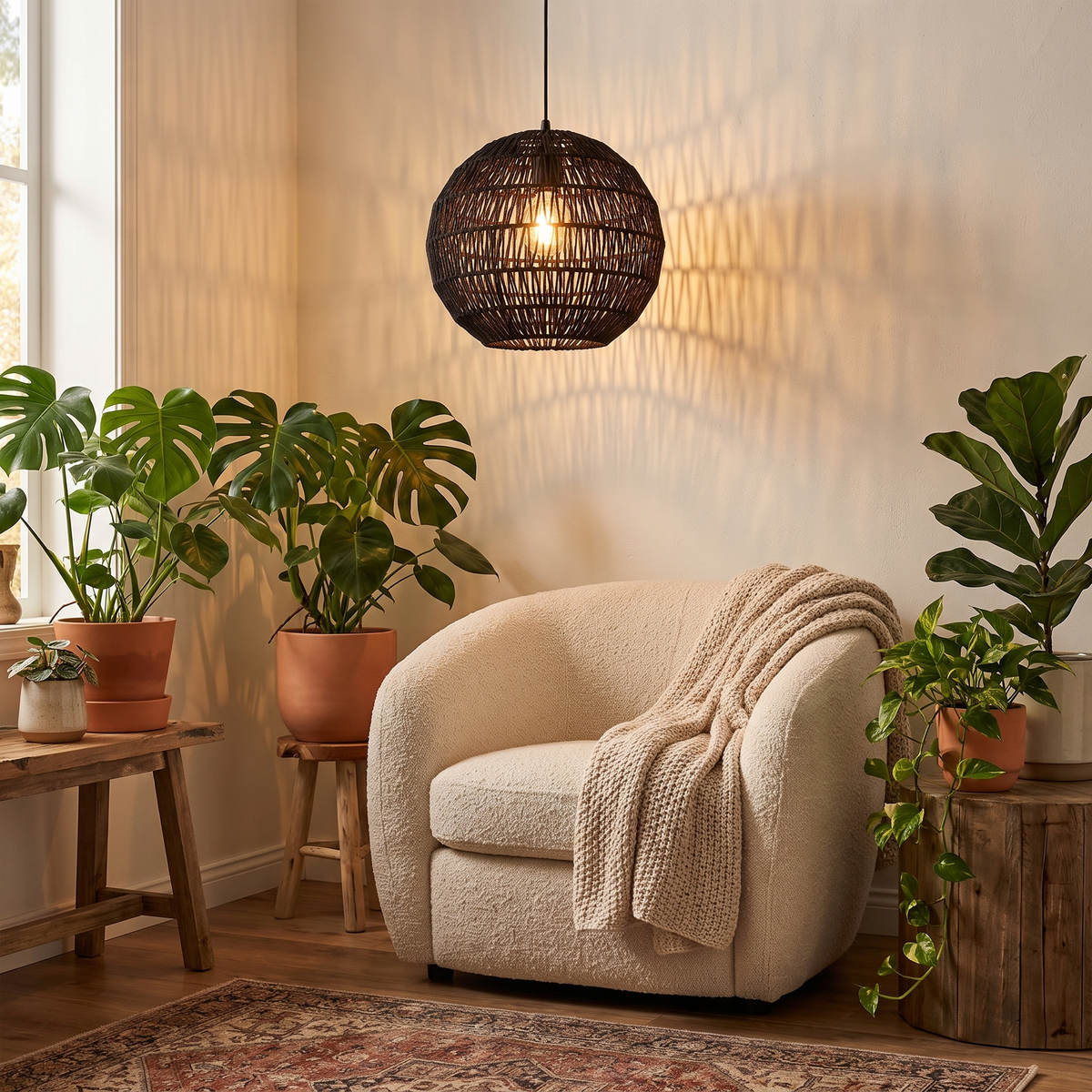 Woven Ball Pendant Light in a living room reading corner