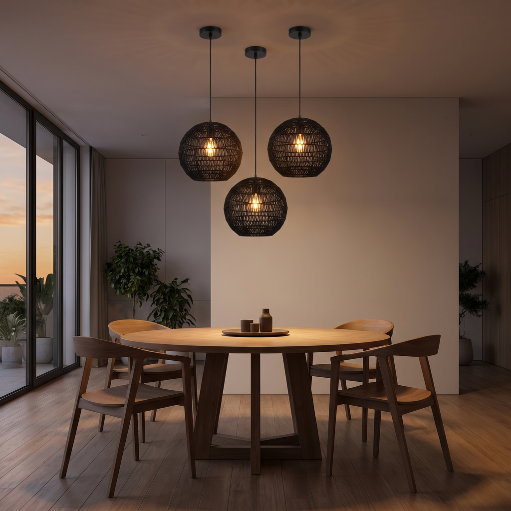 Woven Ball Pendant Light in a dining room, showing size