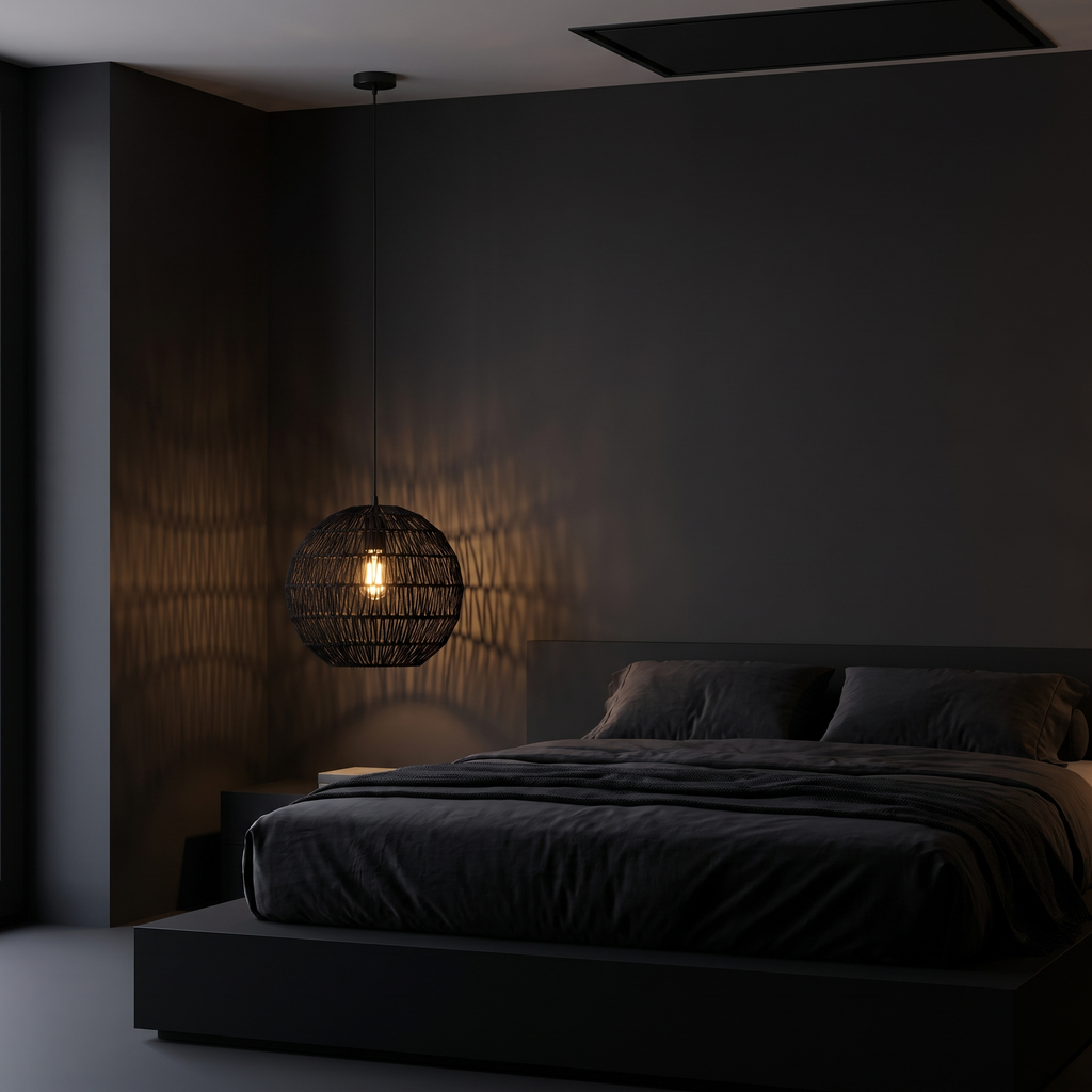 Woven Ball Pendant Light in a dark modern bedroom
