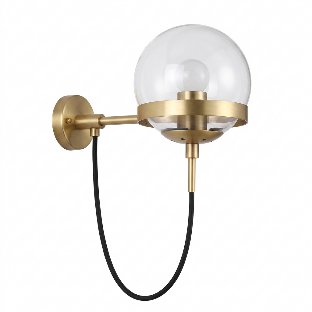 Looped Cord Glass Globe Sconce in Gold with Clear glass on white background