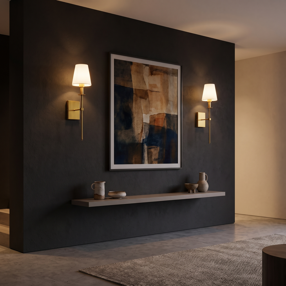 Brass Wall Sconce with Shade, a pair on a dark wall in a modern living room