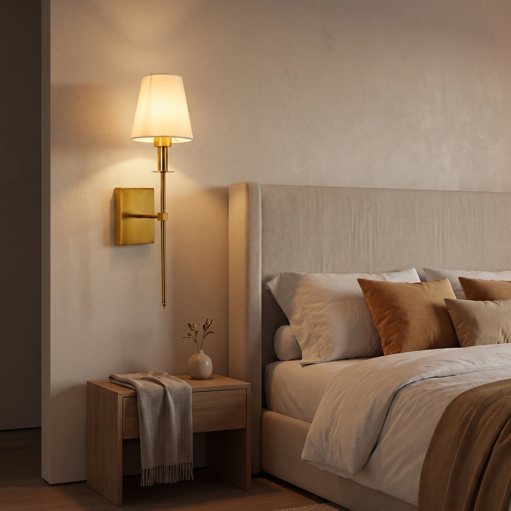 Brass Wall Sconce with Shade beside a bed, showing size
