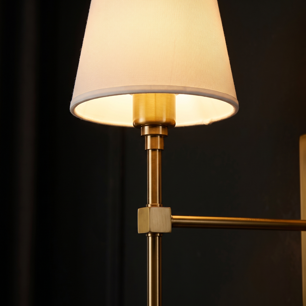 Brass Wall Sconce with Shade close-up of the white shade and brass rod
