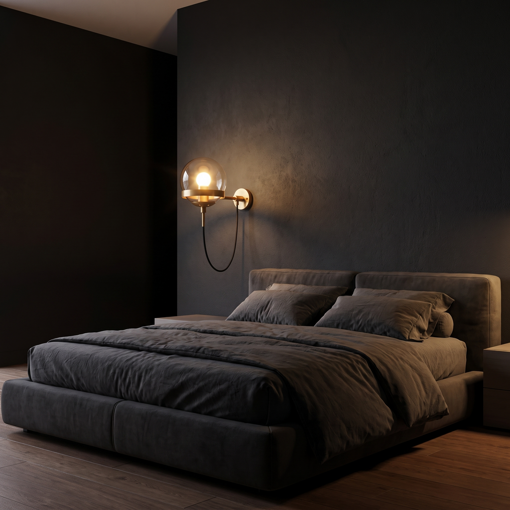 Looped Cord Glass Globe Sconce in a dark modern bedroom