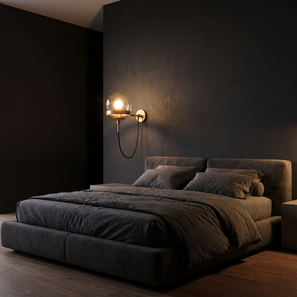 Looped Cord Glass Globe Sconce in a dark modern bedroom