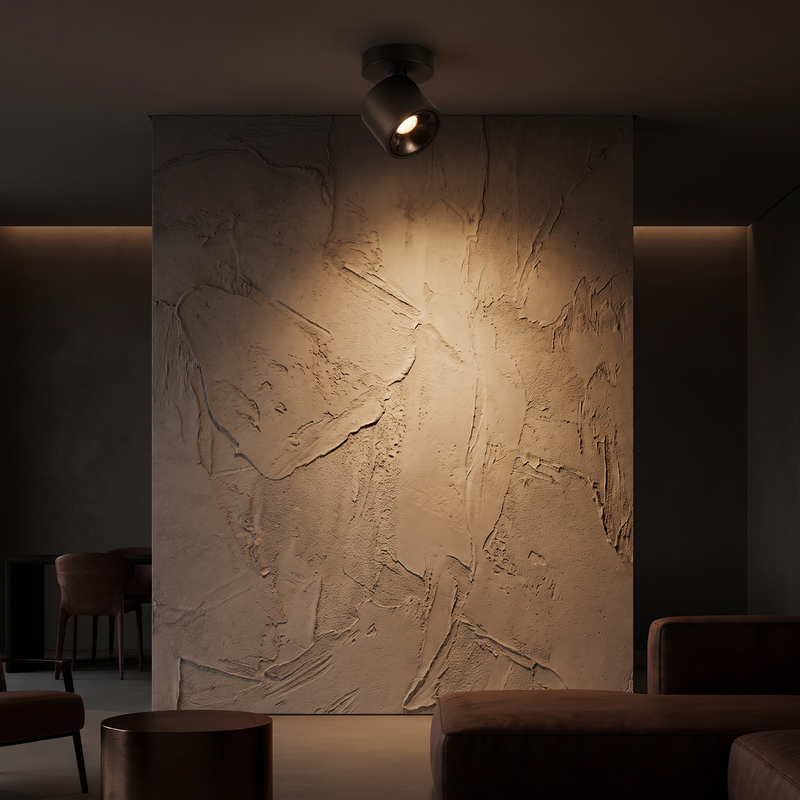Adjustable LED Ceiling Spotlight in a dark modern living room