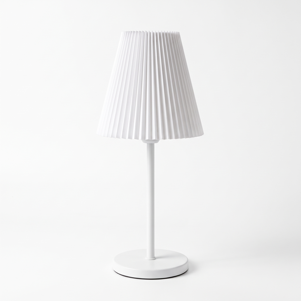 Pleated Shade Cordless Table Lamp in White on white background