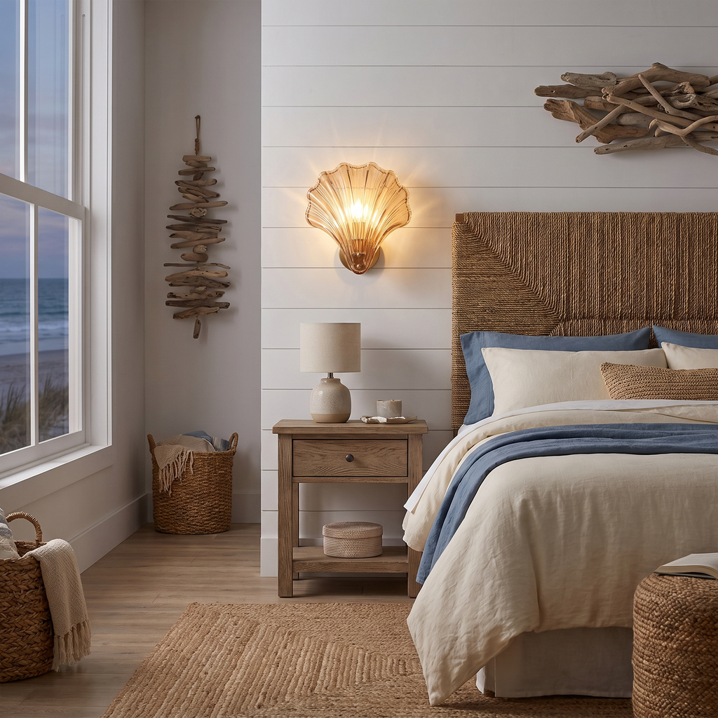 Seashell Glass Wall Sconce in a bedroom, showing size
