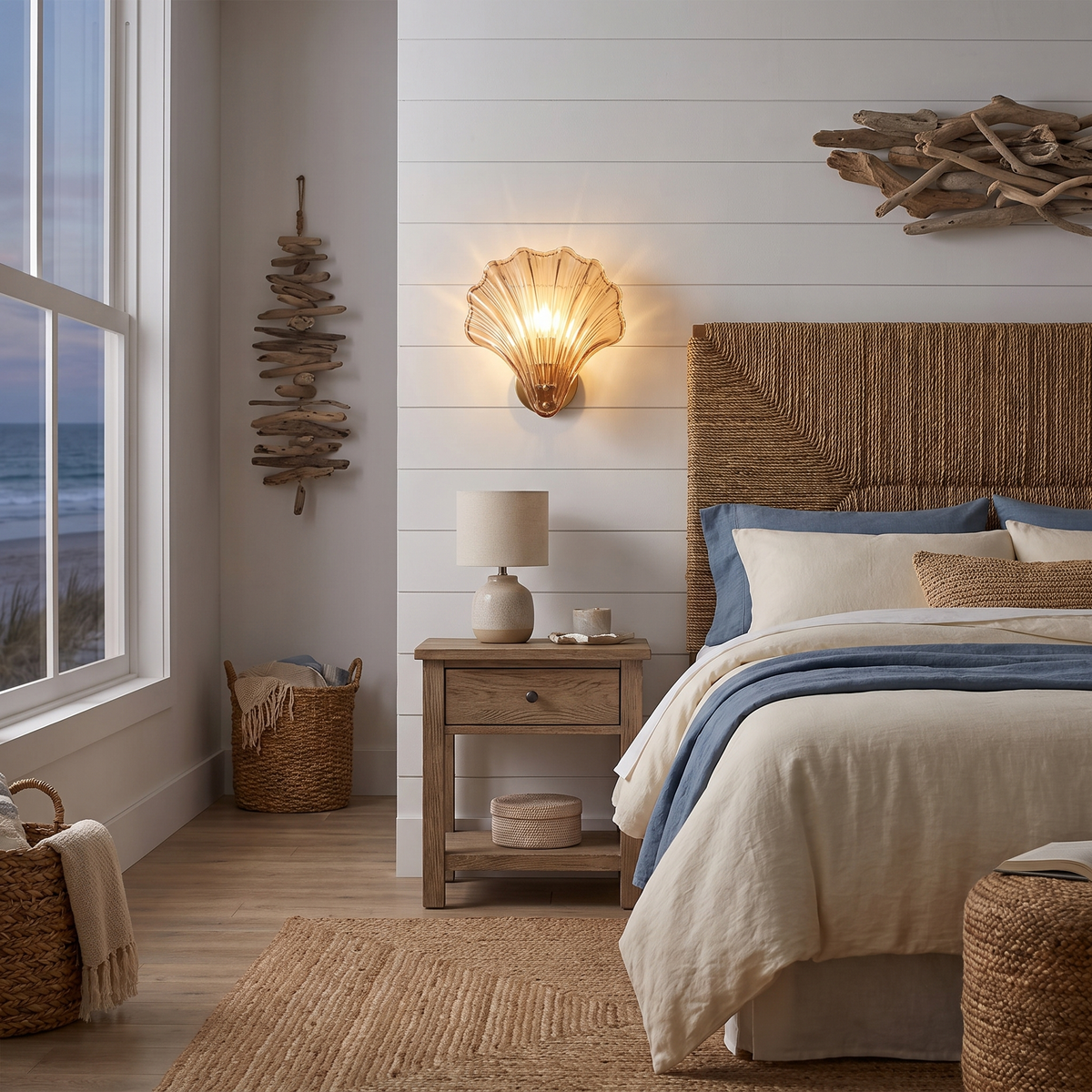 Seashell Glass Wall Sconce in a bedroom, showing size