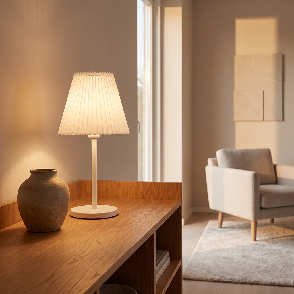 Pleated Shade Cordless Table Lamp in a living room