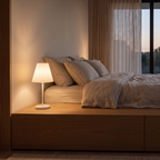 Pleated Shade Cordless Table Lamp in a bedroom, showing size