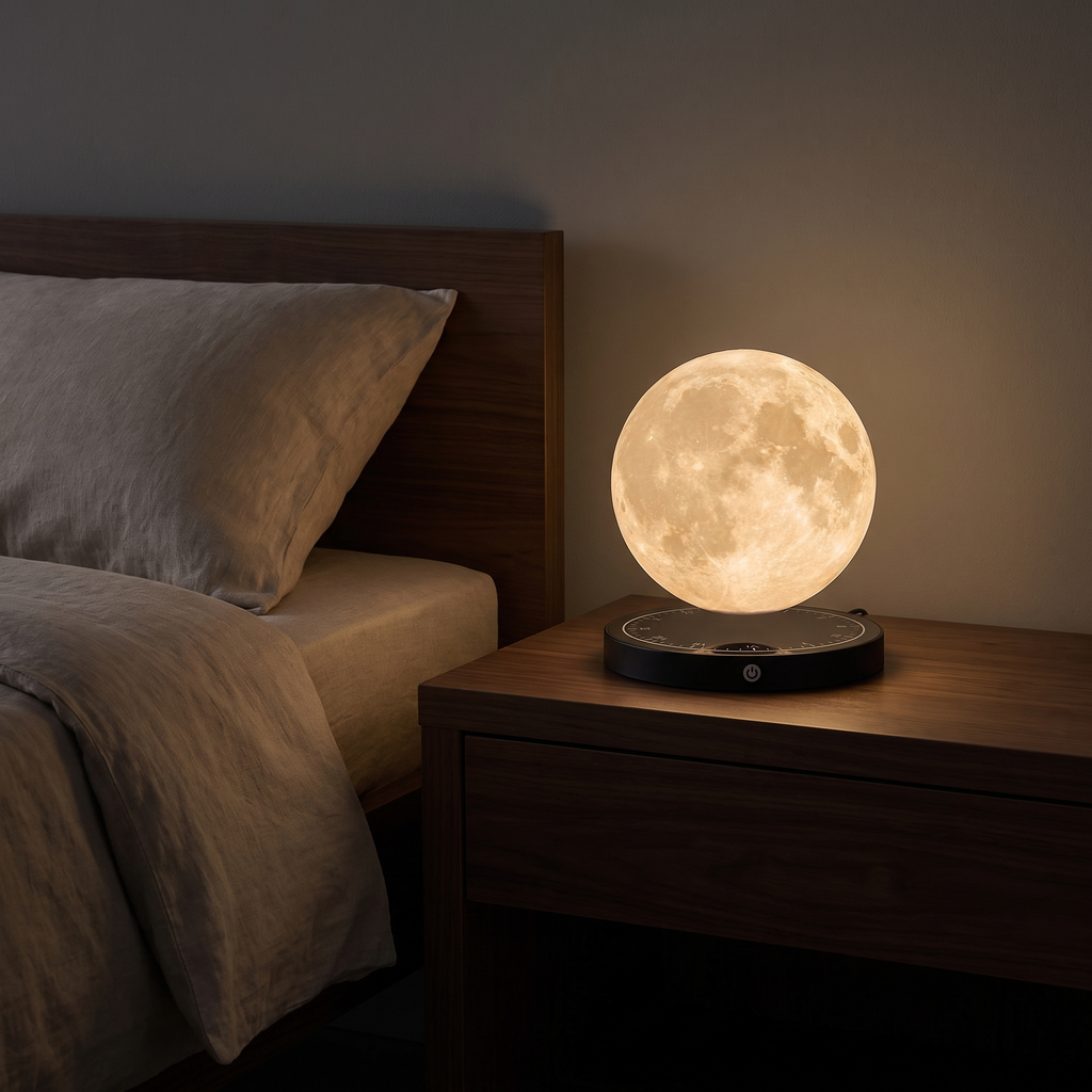 Levitating Moon Lamp in a dark modern bedroom