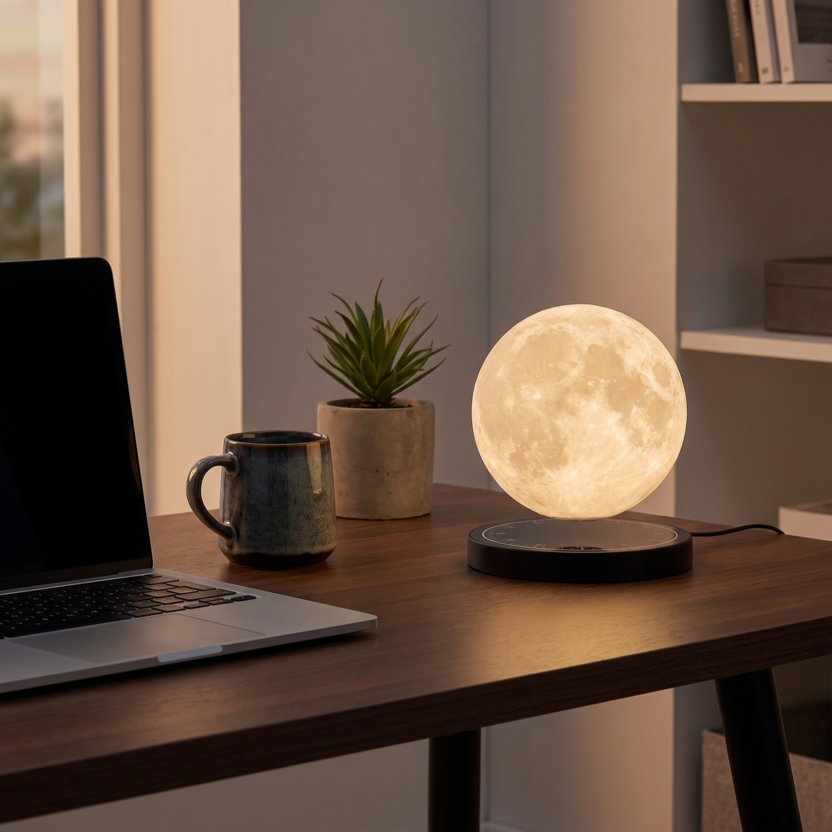 Levitating Moon Lamp on a home office desk, showing size