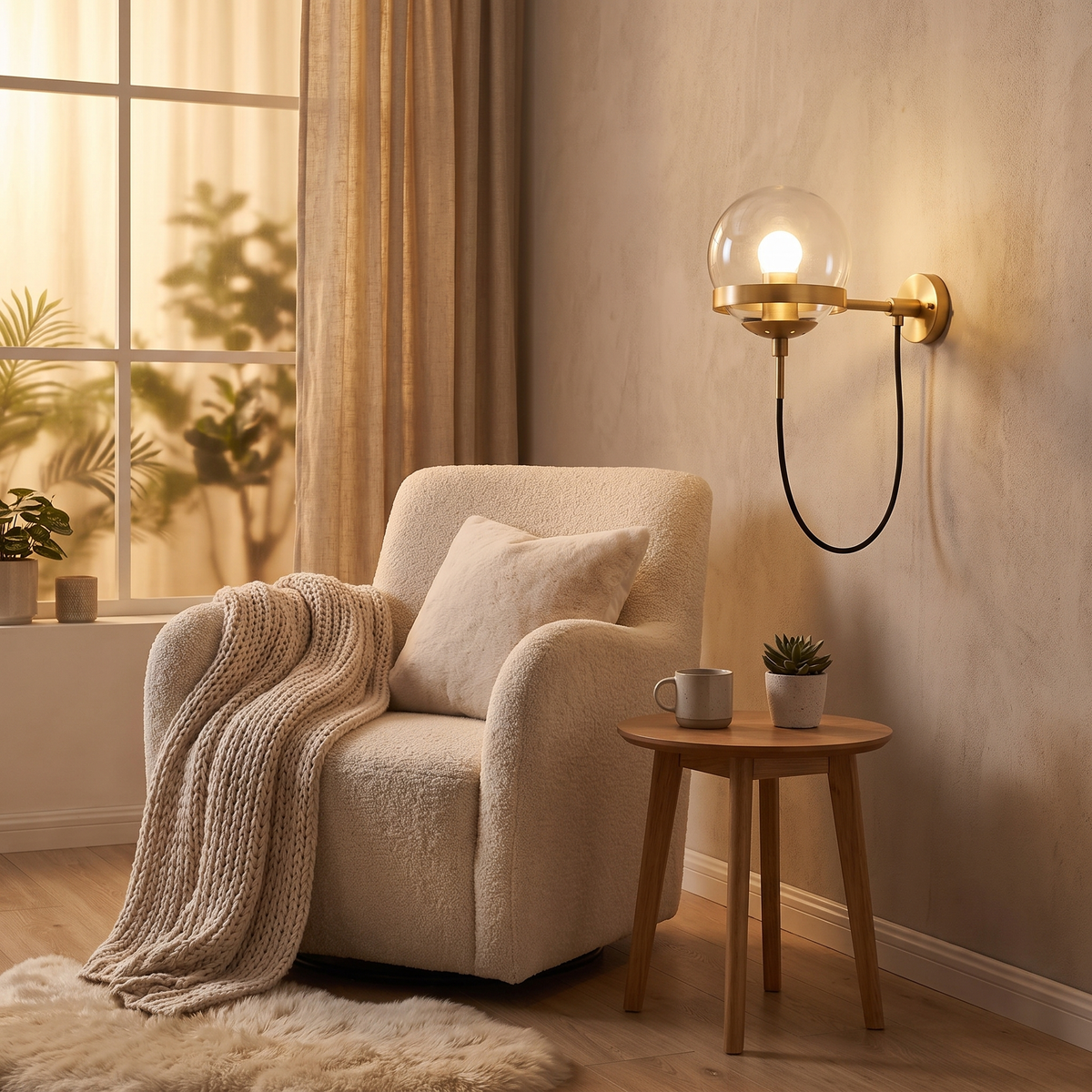 Looped Cord Glass Globe Sconce in a living room