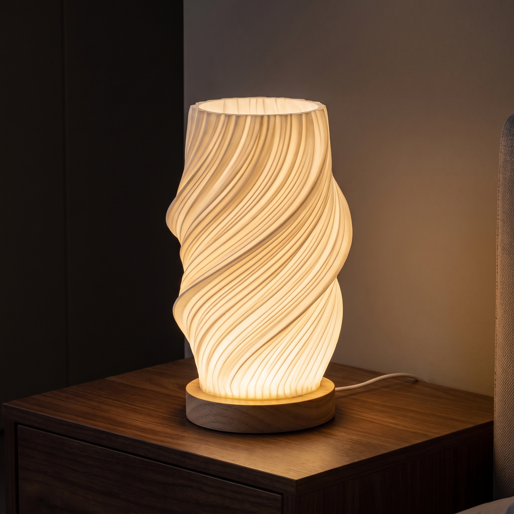 Twisted Spiral Table Lamp glowing on a nightstand in a dark modern bedroom
