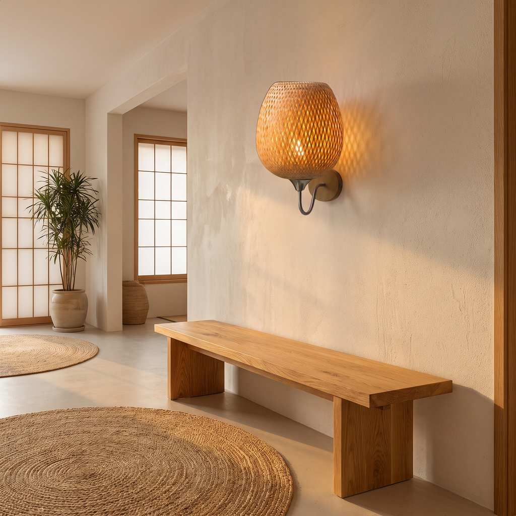 Woven Bamboo Wall Sconce above a bench in a hallway, showing size