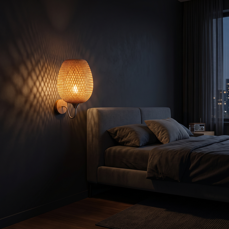 Woven Bamboo Wall Sconce glowing beside a bed in a dark modern bedroom