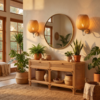 Woven Bamboo Wall Sconce pair beside a mirror in a boho living room