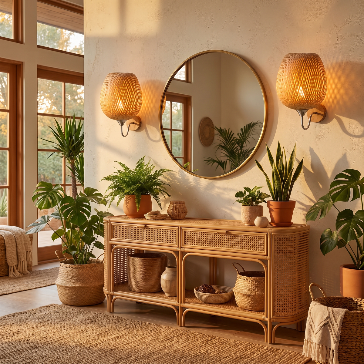 Woven Bamboo Wall Sconce pair beside a mirror in a boho living room