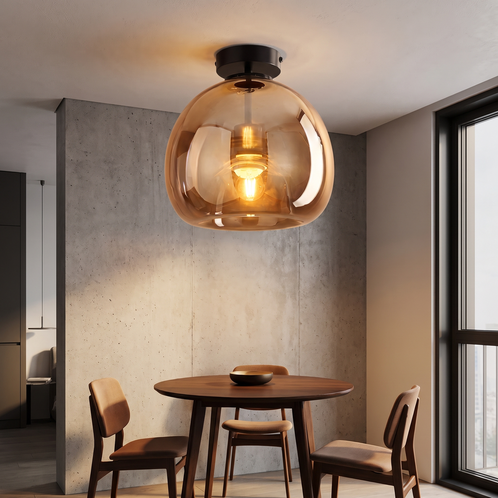 Smoked Glass Semi Flush Ceiling Light in cognac glass over a dining table