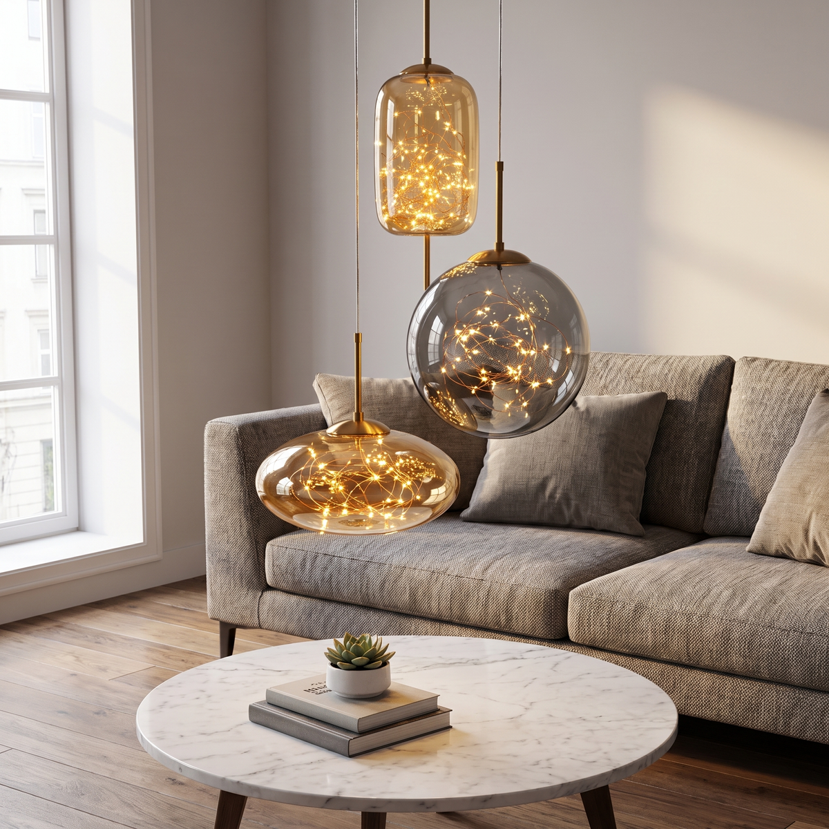 Starry Glass Pendant Light grouped over a coffee table