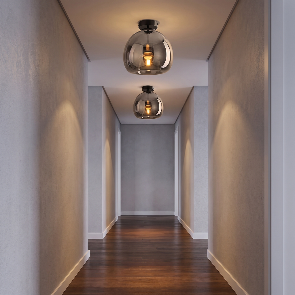 Smoked Glass Semi Flush Ceiling Light along a corridor