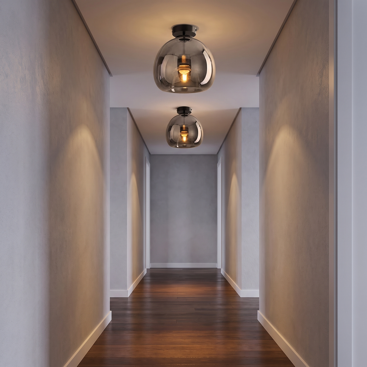 Smoked Glass Semi Flush Ceiling Light along a corridor