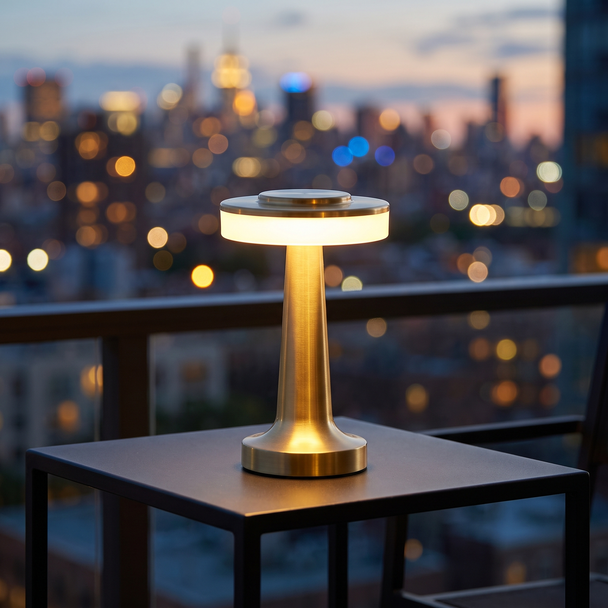 Cordless mushroom lamp on a balcony table at dusk