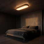 Oval wood LED flush mount light in a modern bedroom