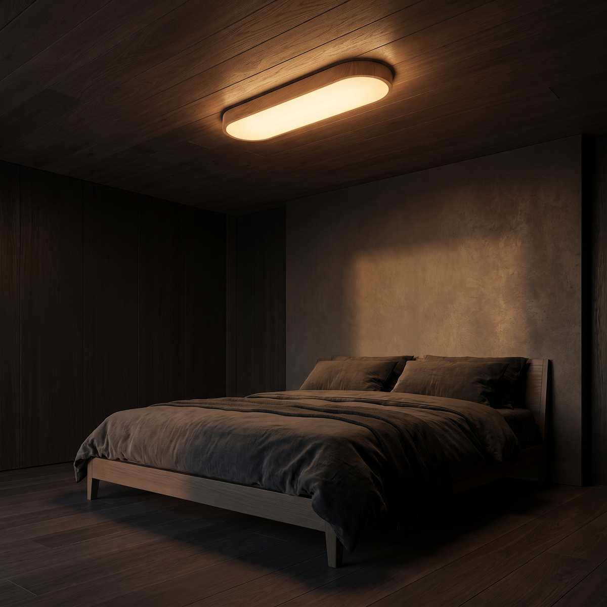 Oval wood LED flush mount light in a modern bedroom