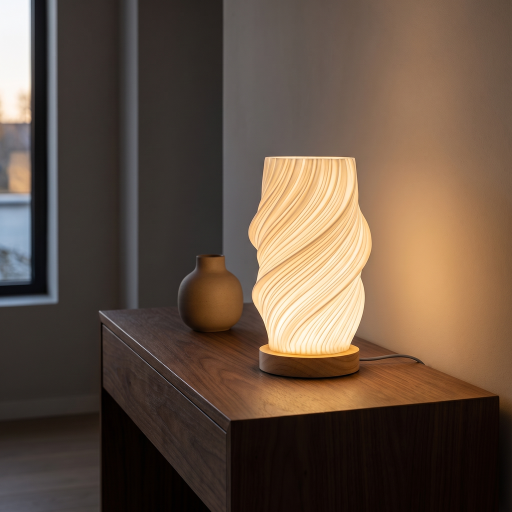 Twisted Spiral Table Lamp on an entryway console at night