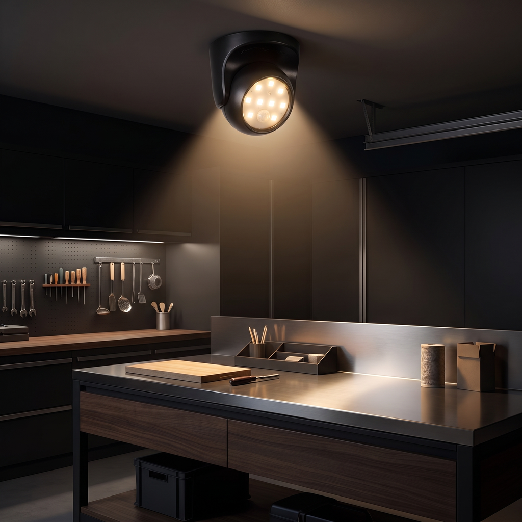 Black motion sensor light lighting a garage workbench