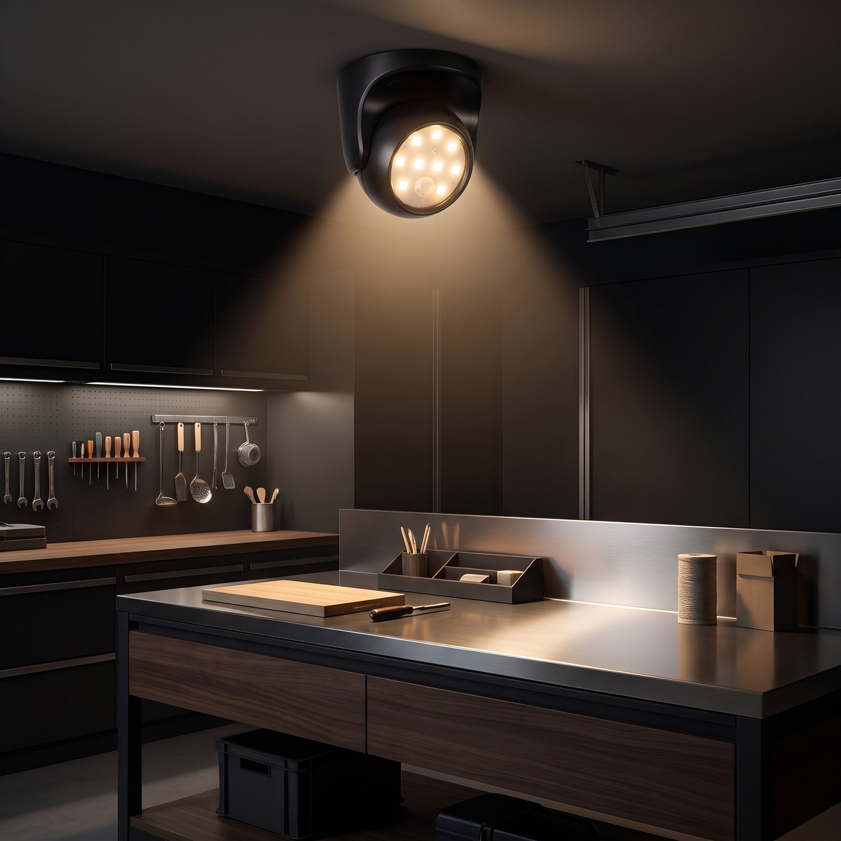 Black motion sensor light lighting a garage workbench