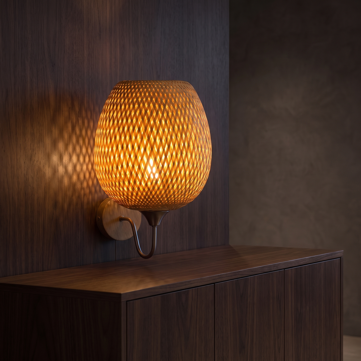 Woven Bamboo Wall Sconce above a dining sideboard