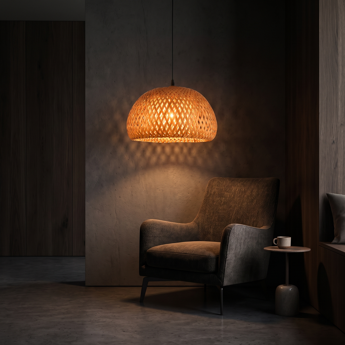 Woven Bamboo Dome Pendant Light over a reading chair