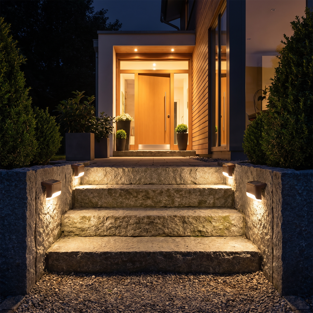 Solar step lights on stone garden steps at night
