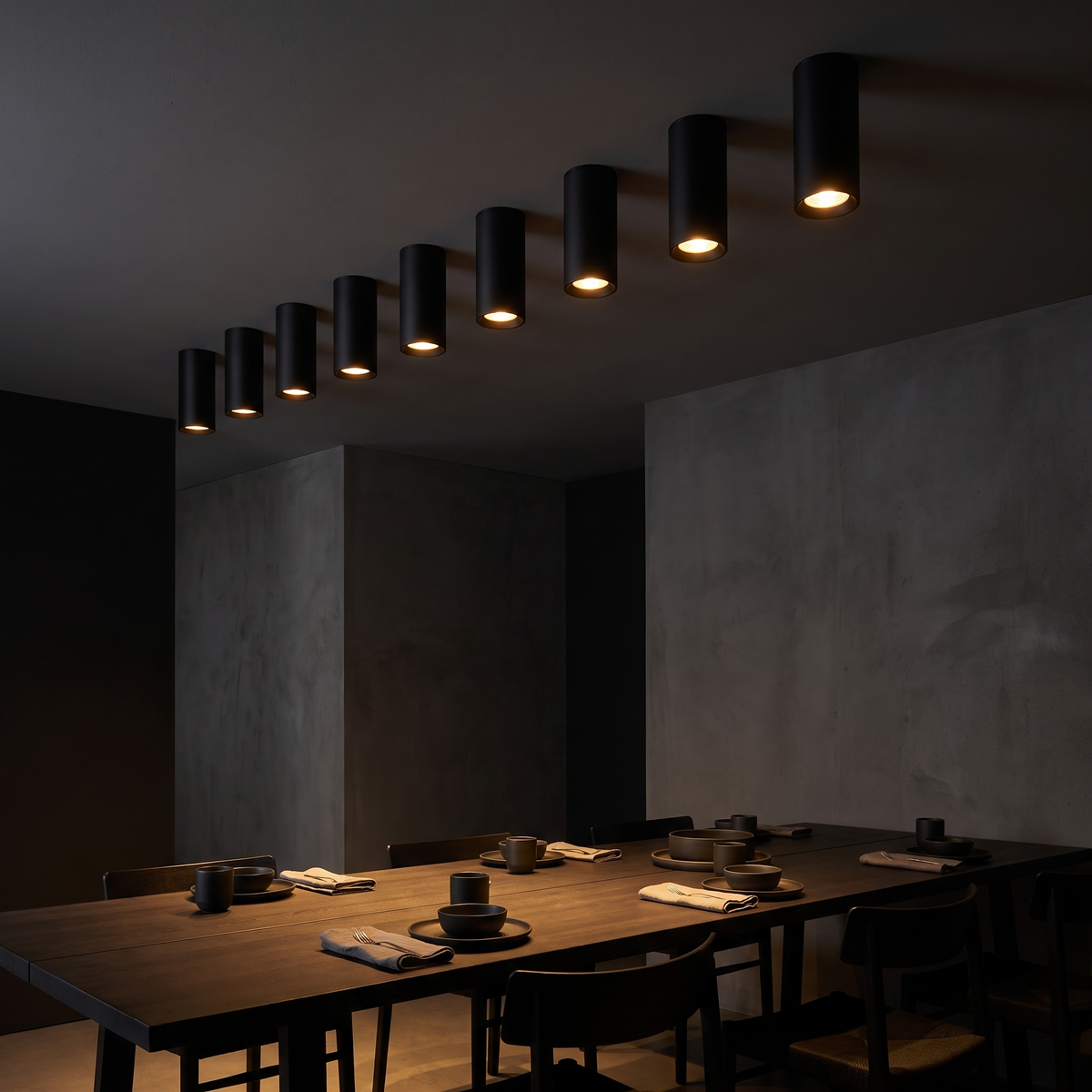Cylinder LED Ceiling Spotlights above a dining table