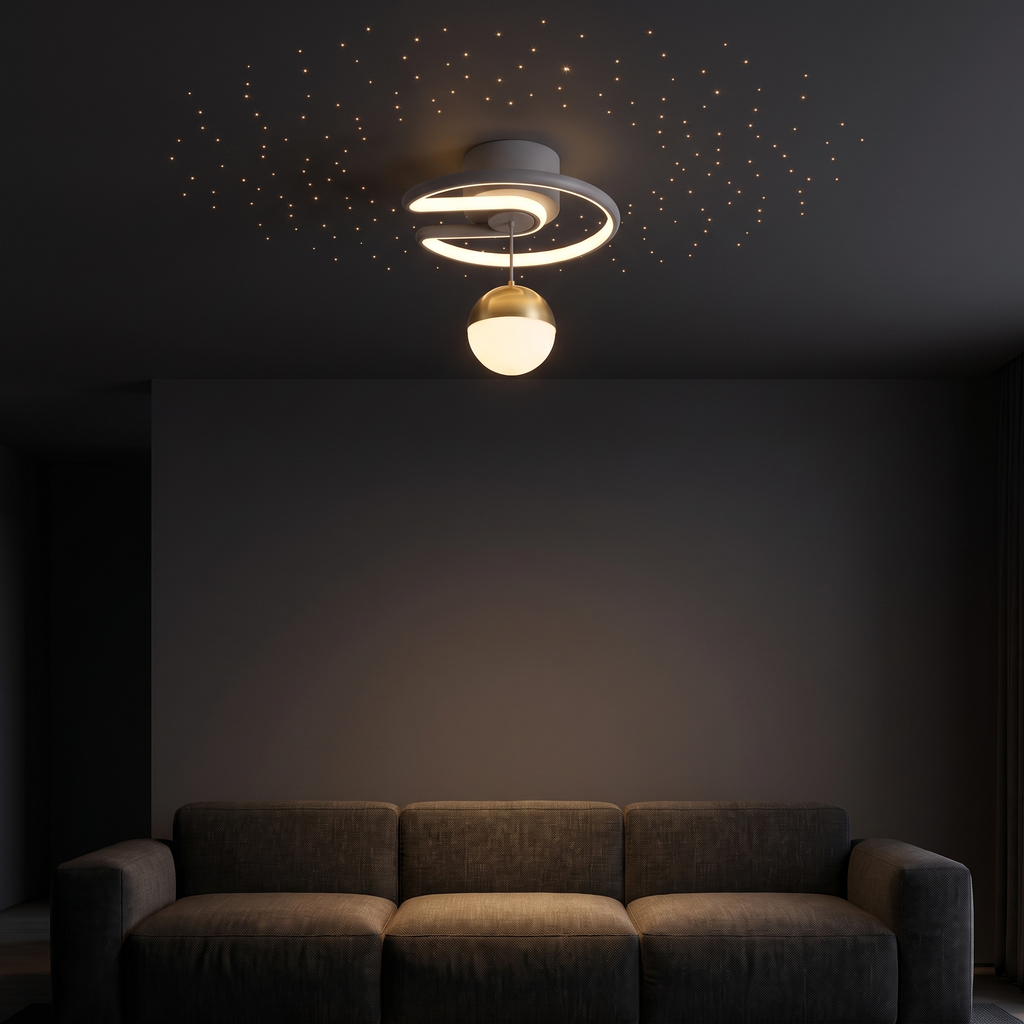 Crescent Moon Ceiling Light projecting stars in a living room