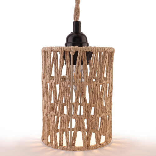 Woven Rattan Plug-In Pendant Light on white background