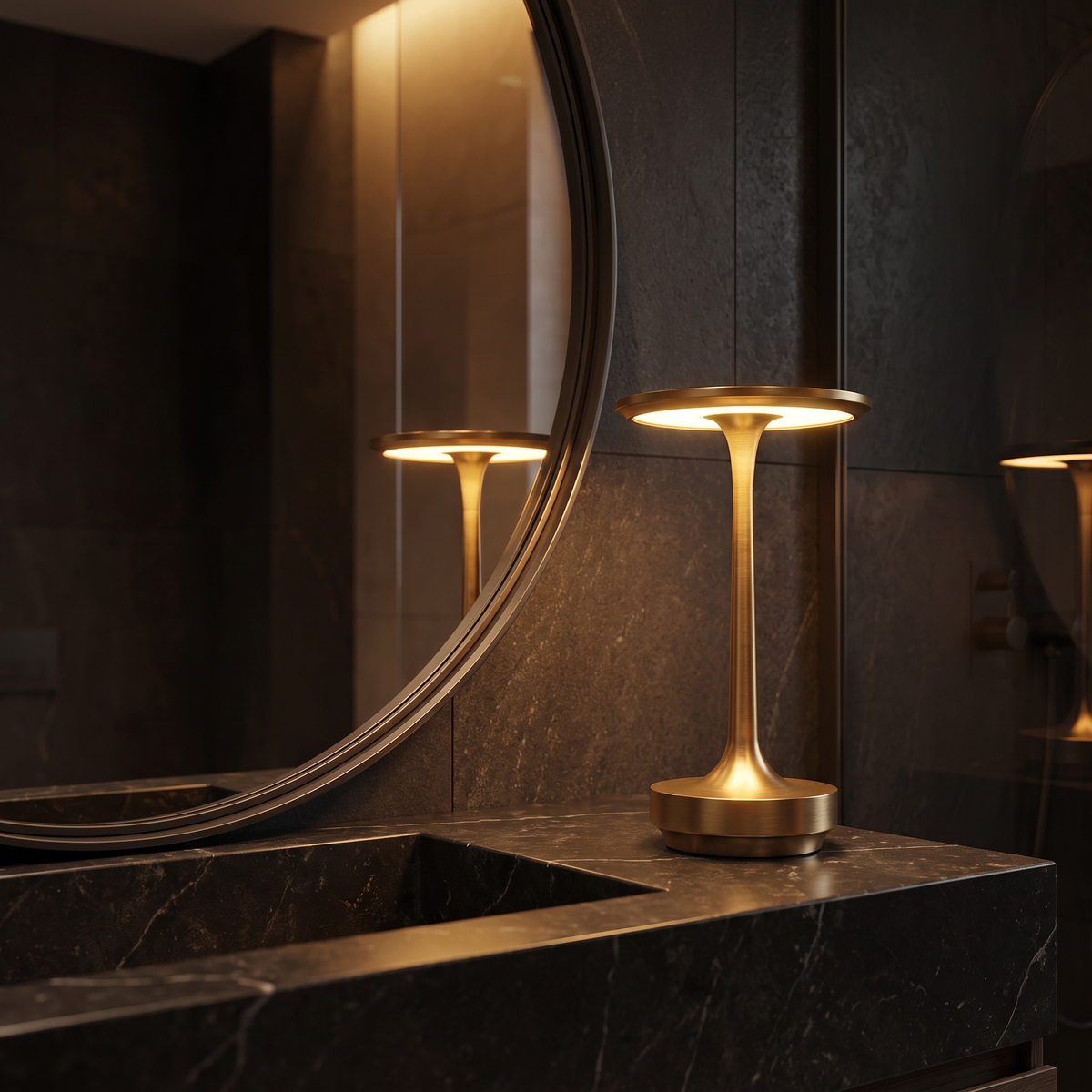 Cordless Disc Table Lamp on a bathroom vanity