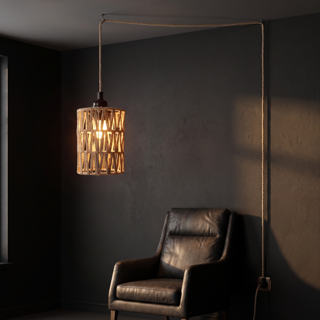 Woven Rattan Plug-In Pendant Light over a reading chair