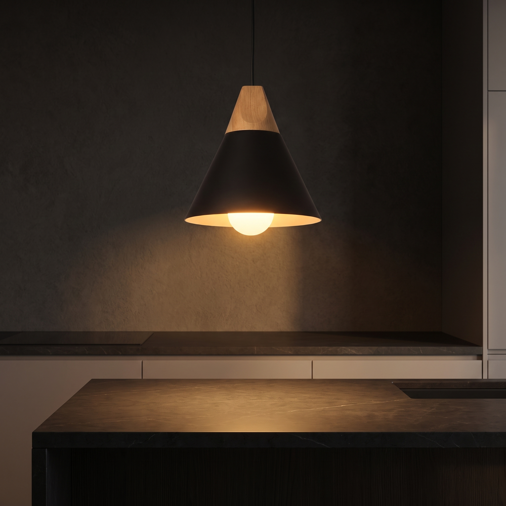 Nordic Wood Cone Pendant Light over a kitchen counter