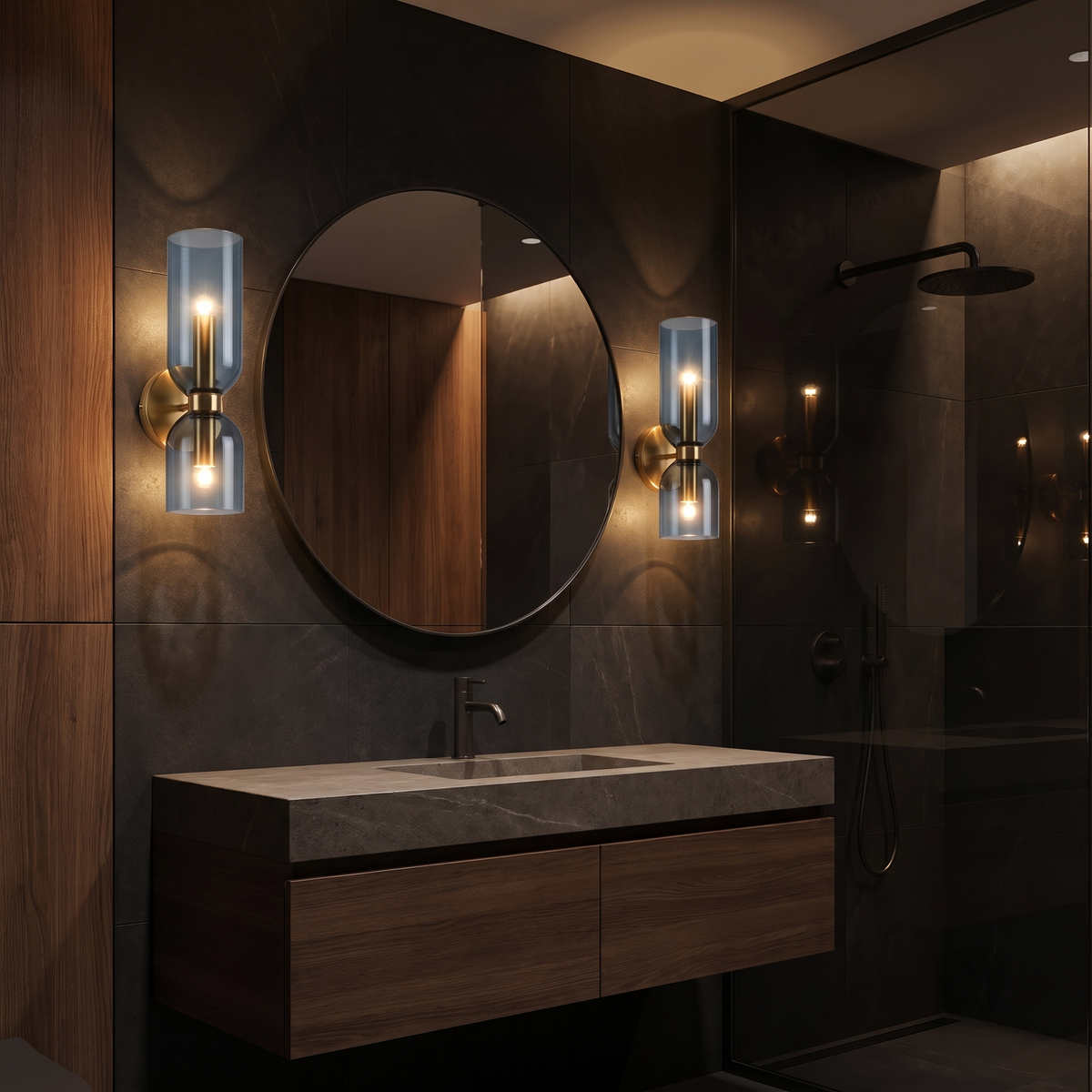 Glass Up Down Wall Sconces either side of a bathroom mirror