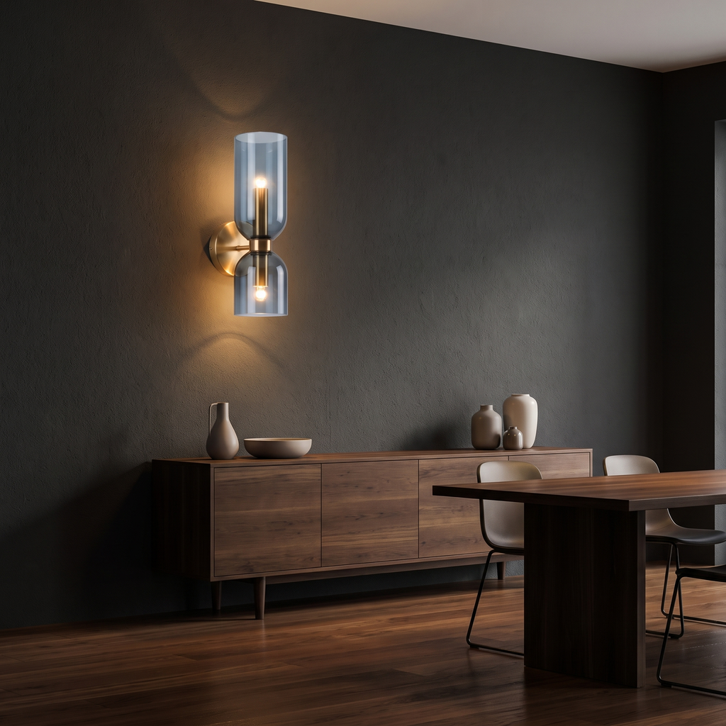 Glass Up Down Wall Sconce above a dining sideboard