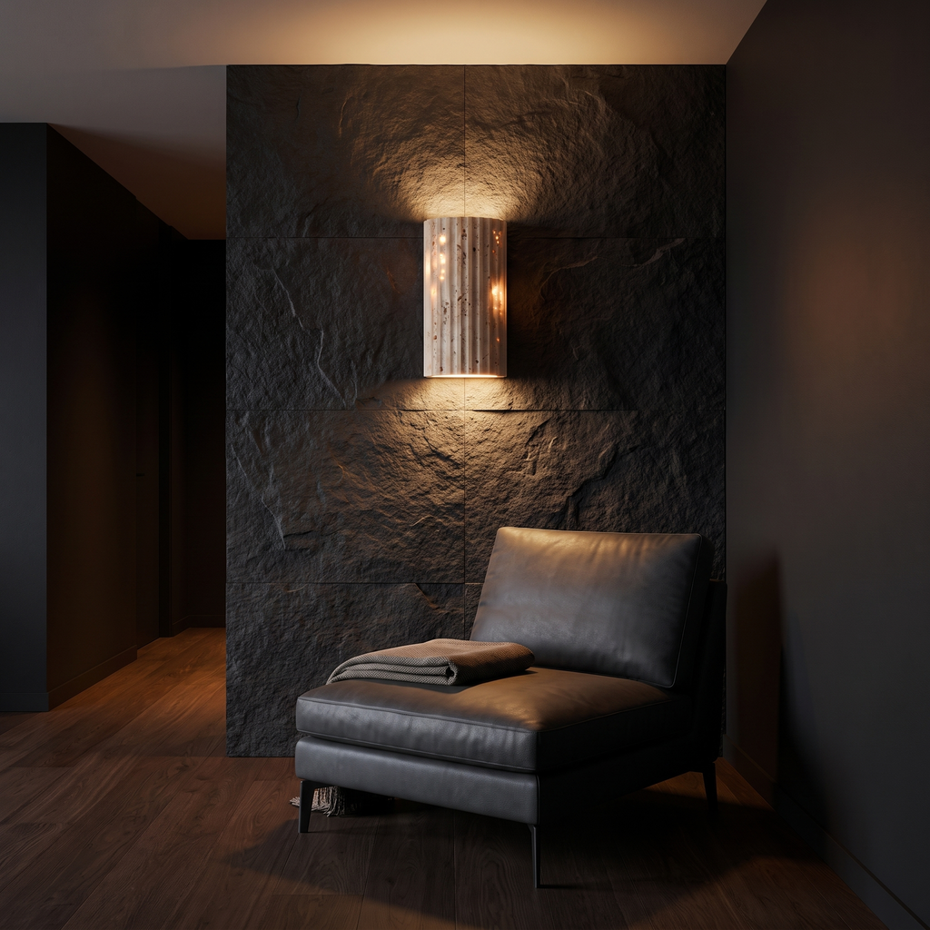 Fluted Stone Look Wall Sconce above a lounge chair