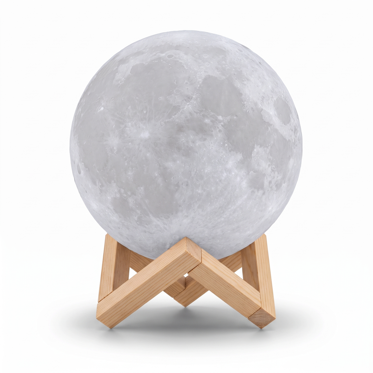 3D Moon Lamp switched off on its wooden stand, on a white background